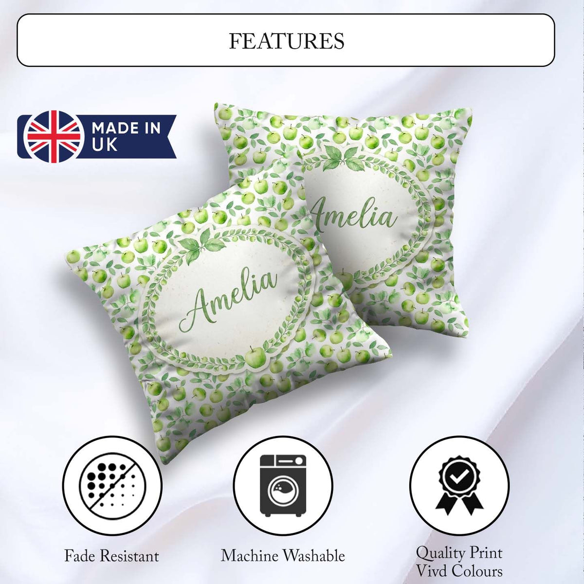 Custom Name Soft Watercolor Green Apples Leaves Seamless Pattern Square Filled Cushion Throw Pillow Sofa Bed Home Decor Zip Washable UK Made