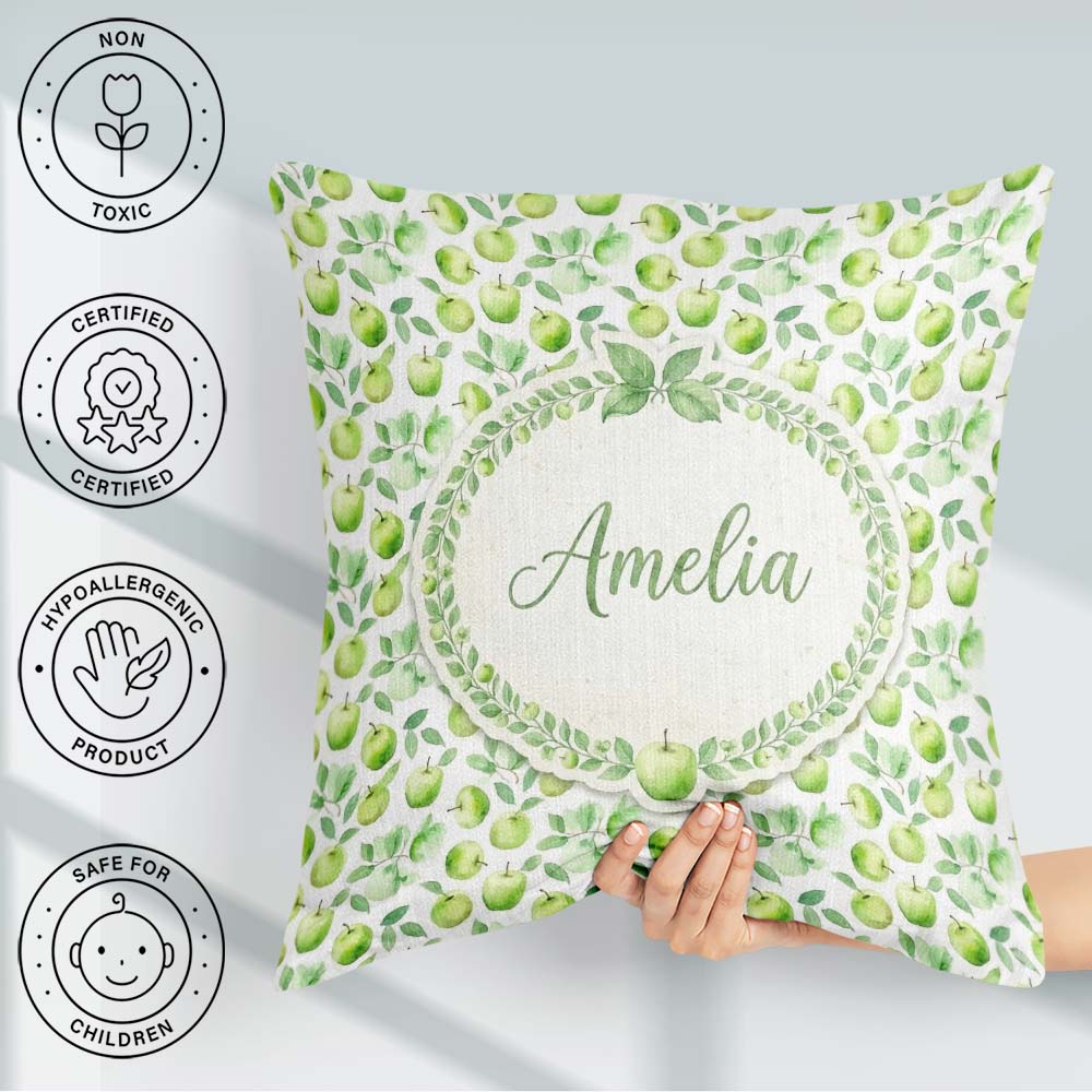 Custom Name Soft Watercolor Green Apples Leaves Seamless Pattern Square Filled Cushion Throw Pillow Sofa Bed Home Decor Zip Washable UK Made