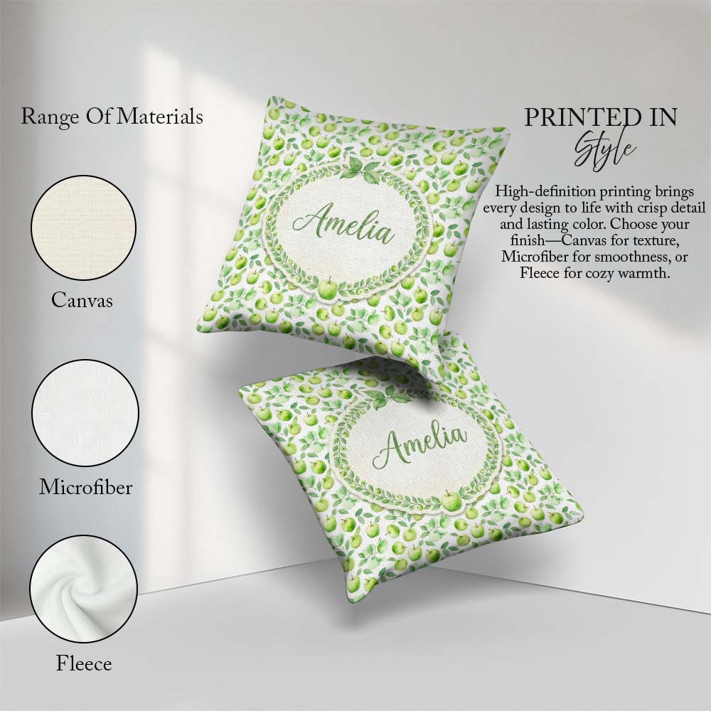 Custom Name Soft Watercolor Green Apples Leaves Seamless Pattern Square Filled Cushion Throw Pillow Sofa Bed Home Decor Zip Washable UK Made