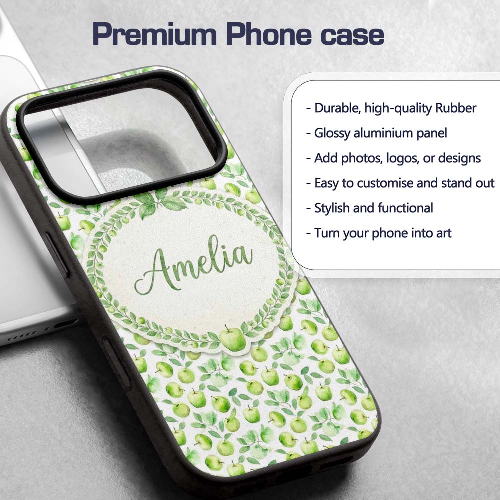 Soft Watercolor Green Apples with Leaves Seamless Custom Name Protective Phone Case Mobile Cover Durable Everyday Smartphone Shock Resistant