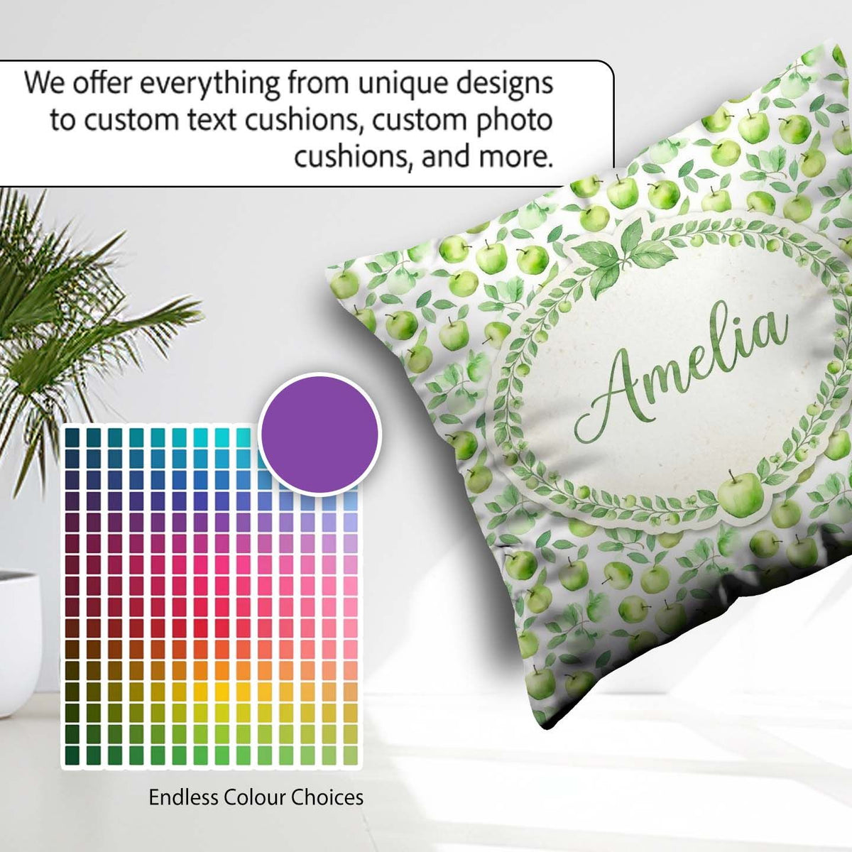 Custom Name Soft Watercolor Green Apples Leaves Seamless Pattern Square Filled Cushion Throw Pillow Sofa Bed Home Decor Zip Washable UK Made
