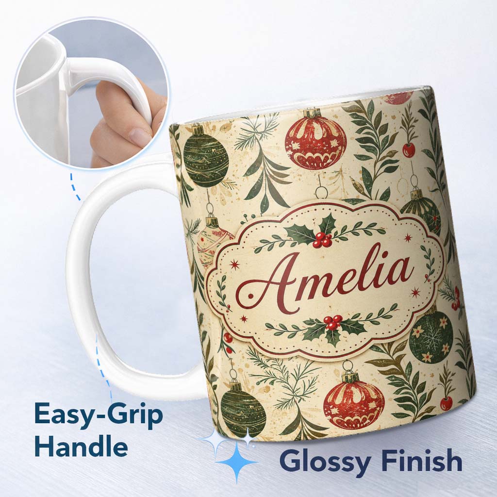 Personalized Custom Name Vintage Christmas Baubles Holly Leaves Botanical Seamless Pattern 11oz Ceramic Coffee Tea Mug White Large Handle