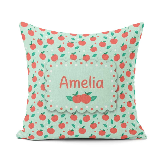 Custom Name Modern Red Apples with Leaves on Background Seamless Square Filled Cushion Throw Pillow Sofa Bed Home Decor Zip Washable UK Made