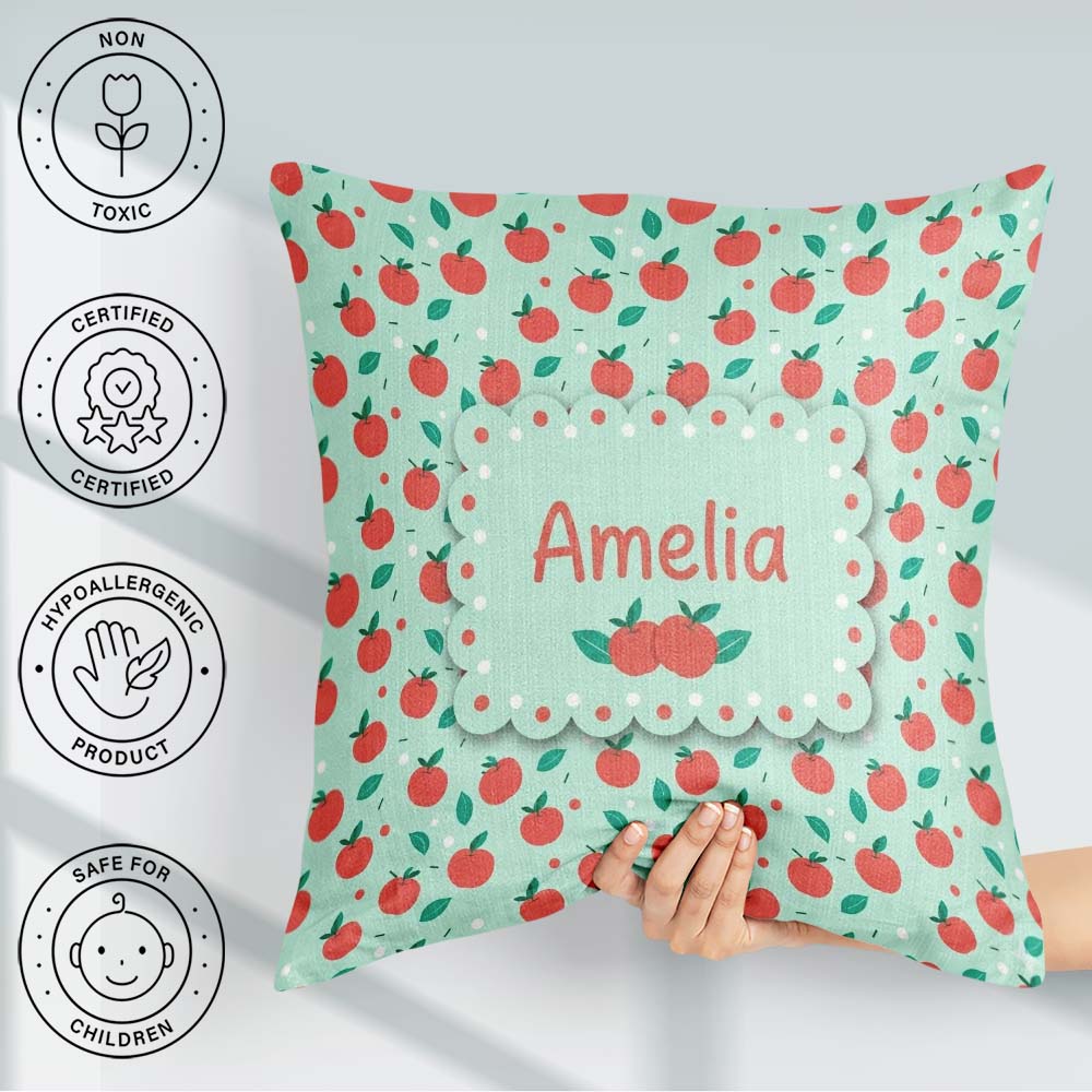 Custom Name Modern Red Apples with Leaves on Background Seamless Square Filled Cushion Throw Pillow Sofa Bed Home Decor Zip Washable UK Made