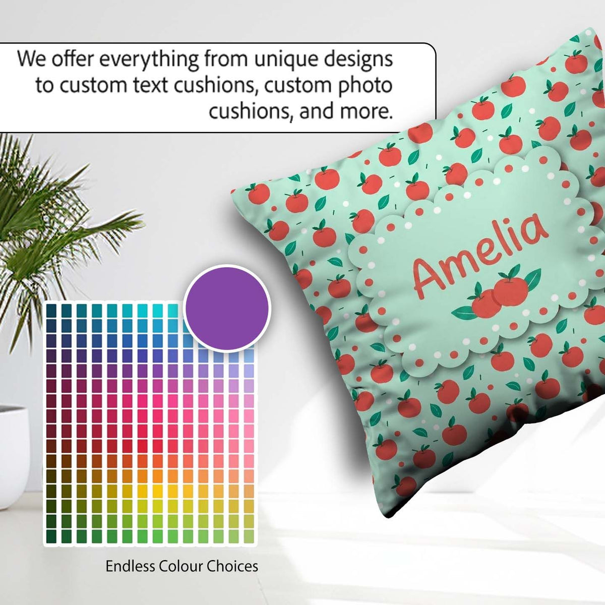 Custom Name Modern Red Apples with Leaves on Background Seamless Square Filled Cushion Throw Pillow Sofa Bed Home Decor Zip Washable UK Made