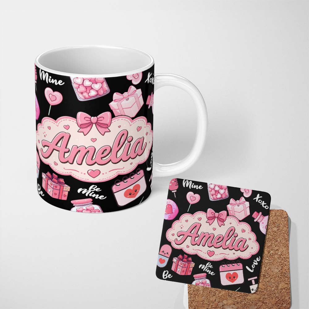 Personalized Custom Name Cute Kawaii Valentine Love Hearts Syringe Gift Calendar Black Lovely 11oz Ceramic Coffee Tea Mug White Large Handle