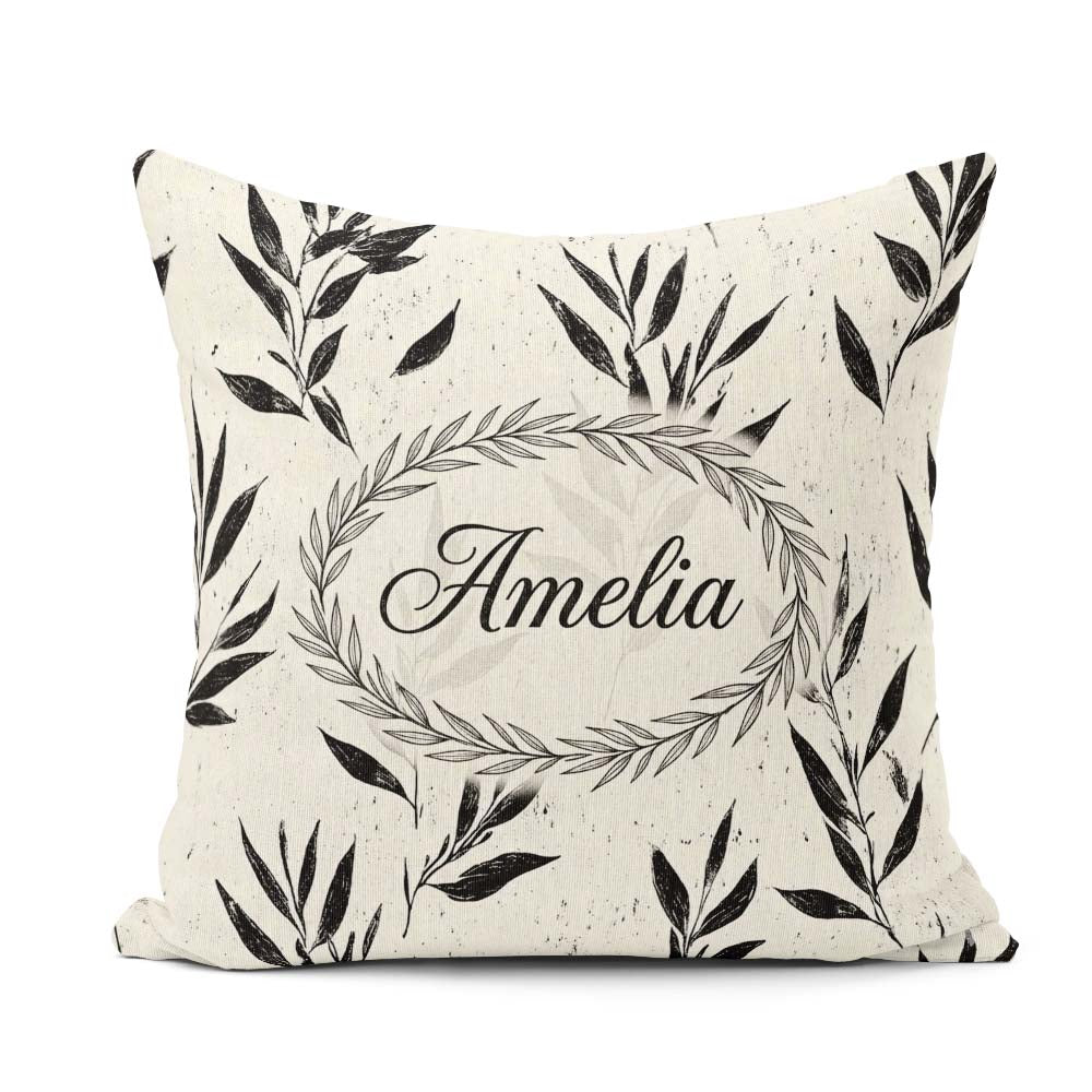 Custom Name Minimal Botanical Leaves Black Cream Organic Pattern Square Filled Cushion Throw Pillow Sofa Bed Home Decor Zip Washable UK Made