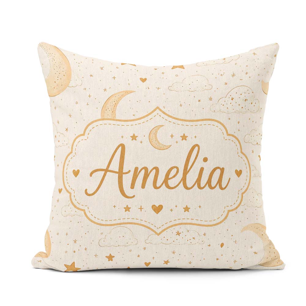 Custom Name Cute Crescent Moon Stars and Clouds Neutral Seamless Square Filled Cushion Throw Pillow Sofa Bed Home Decor Zip Washable UK Made