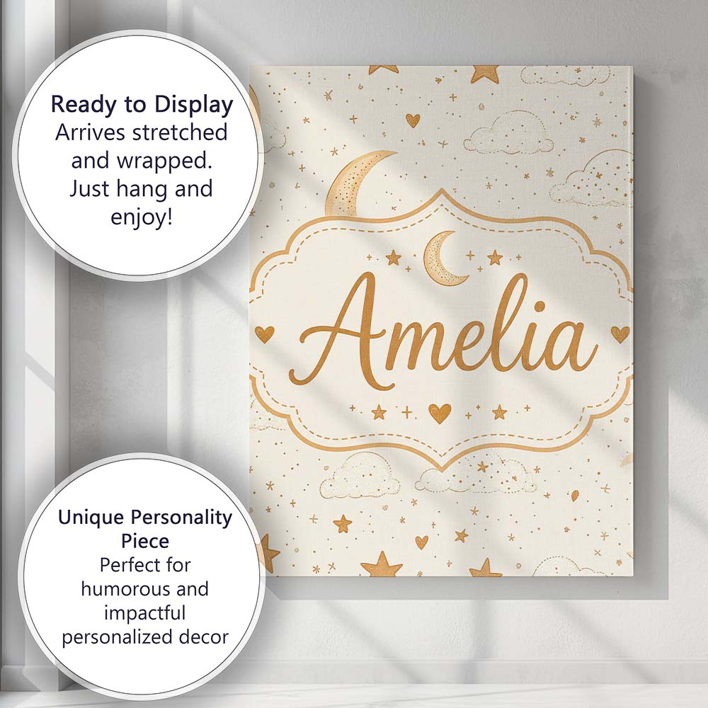 Personalised Name Cute Crescent Moon Stars Custom  Unique Gift Idea Elegant Feature Canvas Wall Art Print Decor Picture Ready to Hang