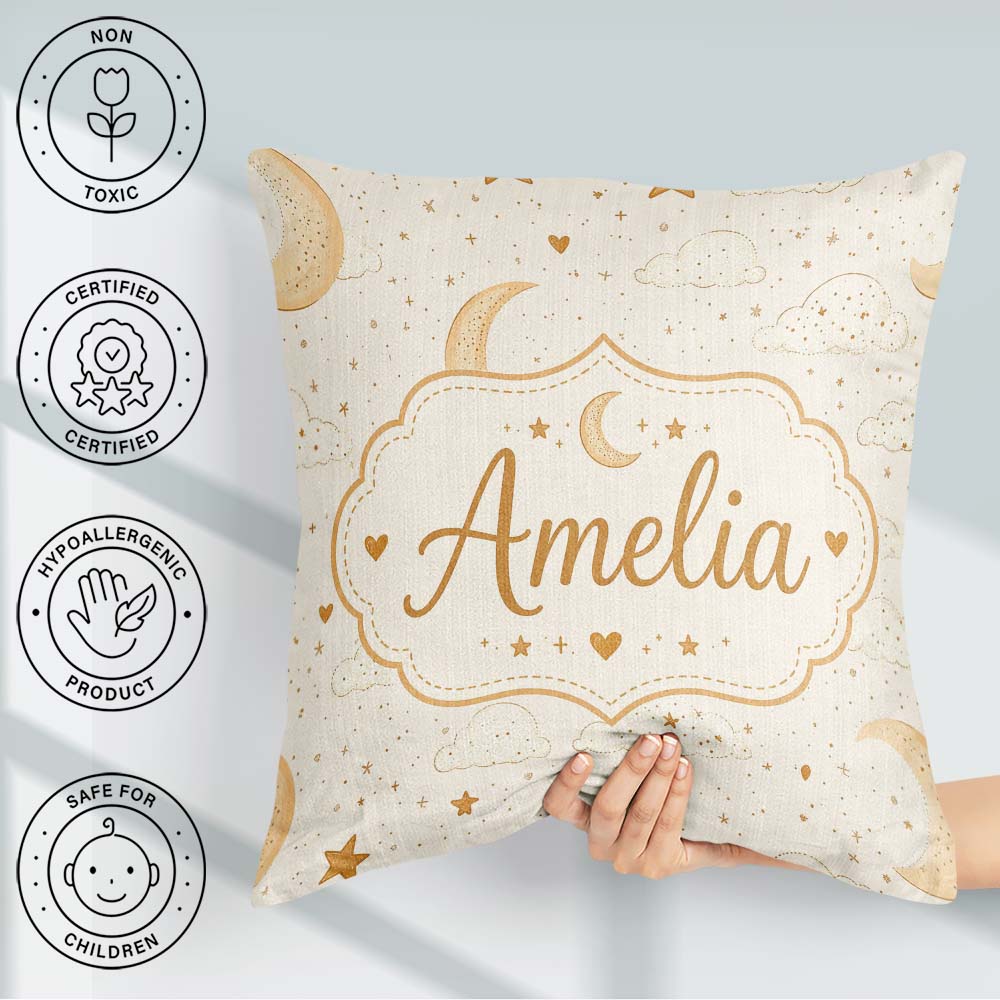 Custom Name Cute Crescent Moon Stars and Clouds Neutral Seamless Square Filled Cushion Throw Pillow Sofa Bed Home Decor Zip Washable UK Made