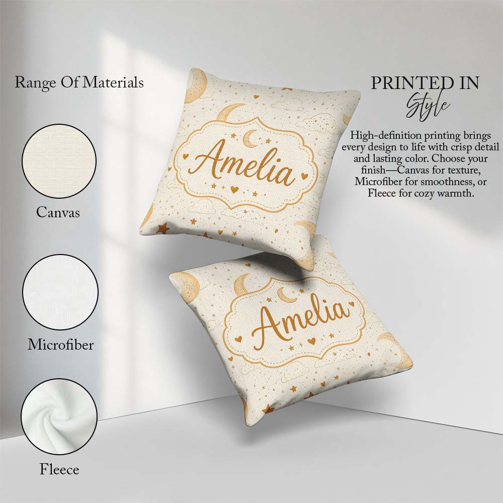 Custom Name Cute Crescent Moon Stars and Clouds Neutral Seamless Square Filled Cushion Throw Pillow Sofa Bed Home Decor Zip Washable UK Made