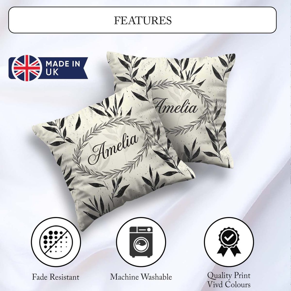 Custom Name Minimal Botanical Leaves Black Cream Organic Pattern Square Filled Cushion Throw Pillow Sofa Bed Home Decor Zip Washable UK Made