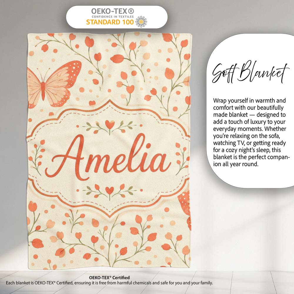 Soft Butterfly with Floral Hearts Neutral Seamless Pattern Lovely  Personalised Custom Name Super Soft Fleece Blanket Bed Sofa Throw