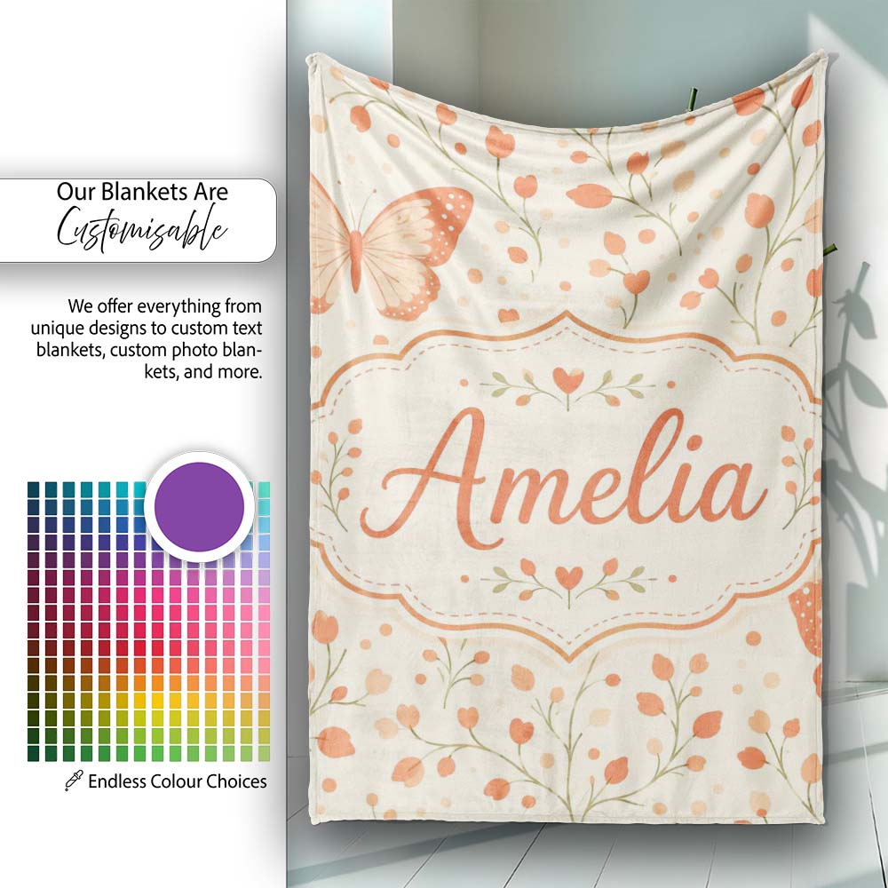 Soft Butterfly with Floral Hearts Neutral Seamless Pattern Lovely  Personalised Custom Name Super Soft Fleece Blanket Bed Sofa Throw