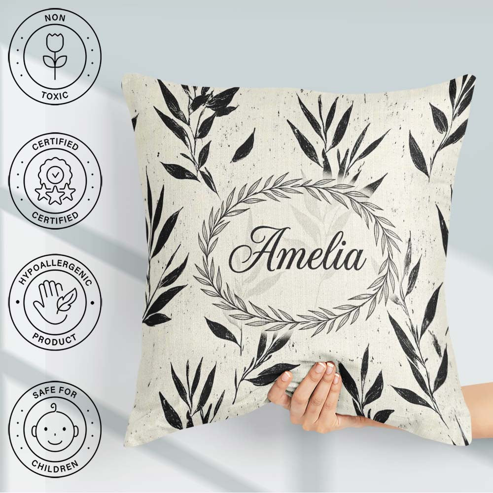 Custom Name Minimal Botanical Leaves Black Cream Organic Pattern Square Filled Cushion Throw Pillow Sofa Bed Home Decor Zip Washable UK Made