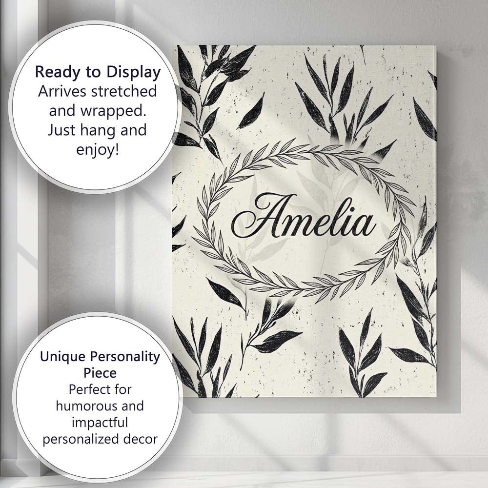 Personalised Name Minimal Botanical Leaves Black Cream Organic Custom Modern Room Accent Canvas Wall Art Print Decor Picture Ready to Hang
