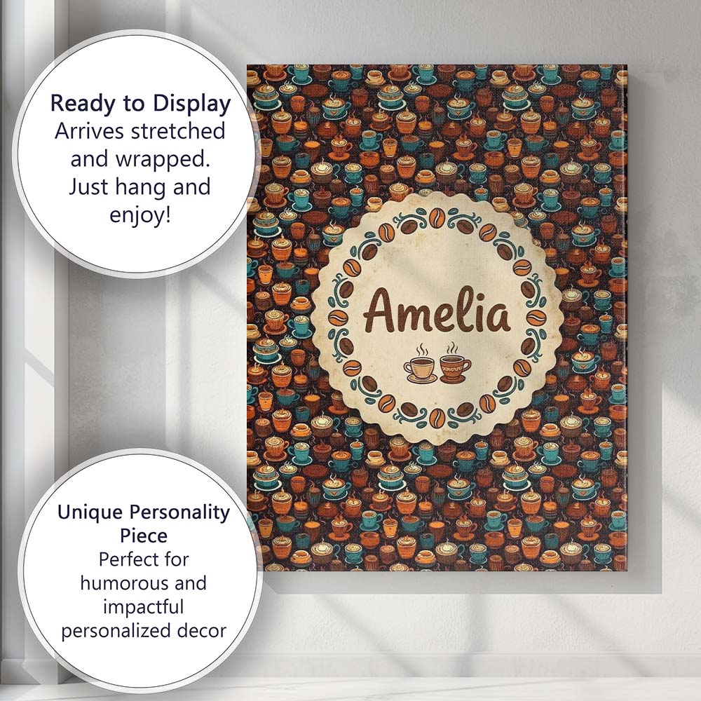 Personalised Name Colorful Coffee Cups and Custom  Unique Gift Idea Elegant Feature Canvas Wall Art Print Decor Picture Ready to Hang
