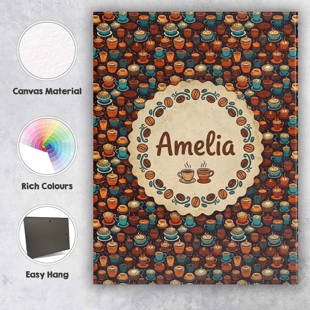Personalised Name Colorful Coffee Cups and Custom  Unique Gift Idea Elegant Feature Canvas Wall Art Print Decor Picture Ready to Hang