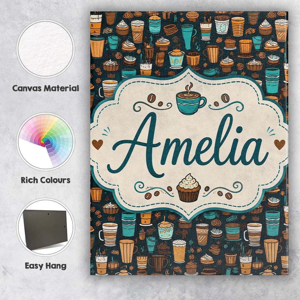 Personalised Name Coffee Shop Drinks Custom Premium Decorative Design Modern Room Accent Canvas Wall Art Print Decor Picture Ready to Hang