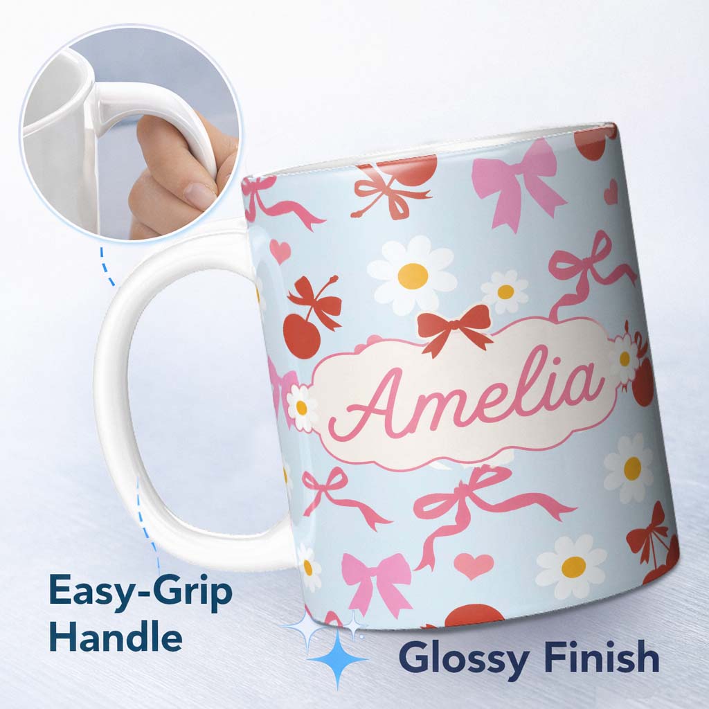 Personalized Custom Name Cute Cherry Bow Daisy Heart Seamless Pattern on Light Blue Lovely 11oz Ceramic Coffee Tea Mug White Large Handle