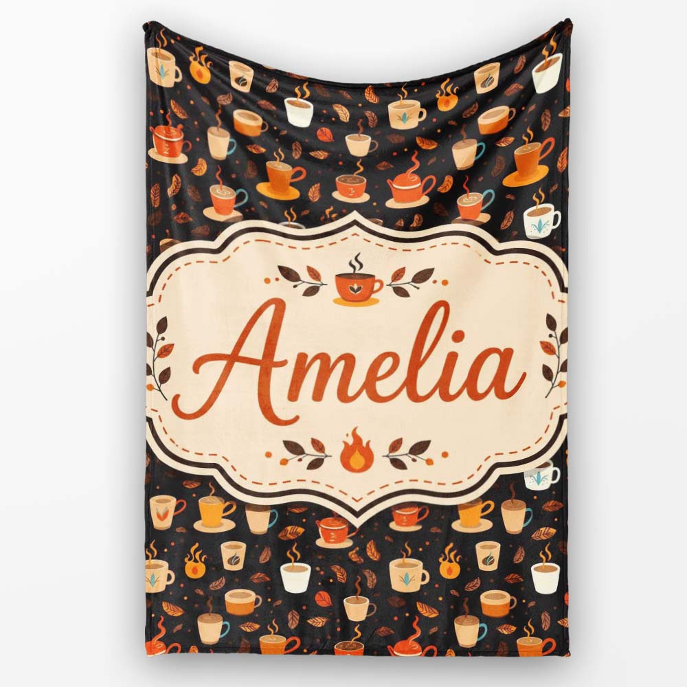 Cute Coffee Cups with Leaves and Steam Cozy Seamless Pattern Lovely  Personalised Custom Name Super Soft Fleece Blanket Bed Sofa Throw