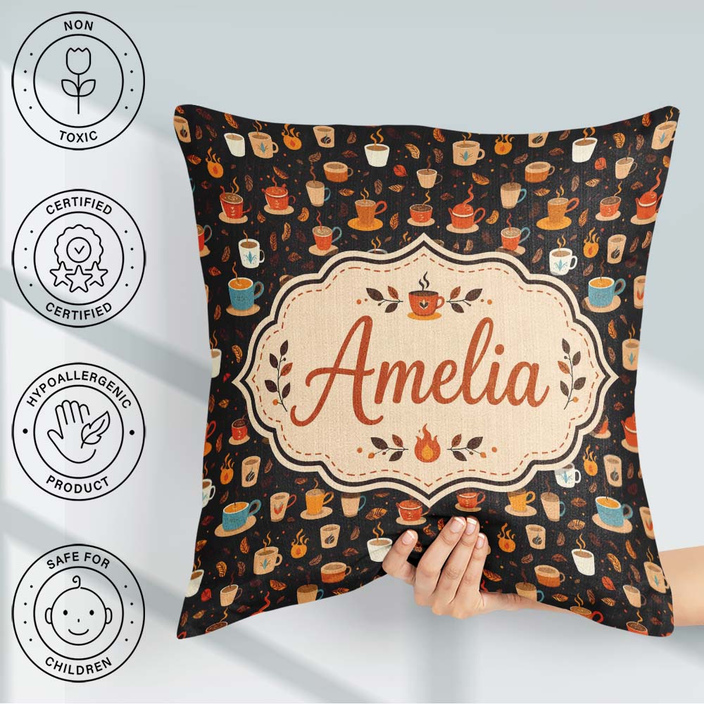 Custom Name Cups with Leaves and Steam Cozy Seamless Pattern Square Filled Cushion Throw Pillow Sofa Bed Home Decor Zip Washable UK Made
