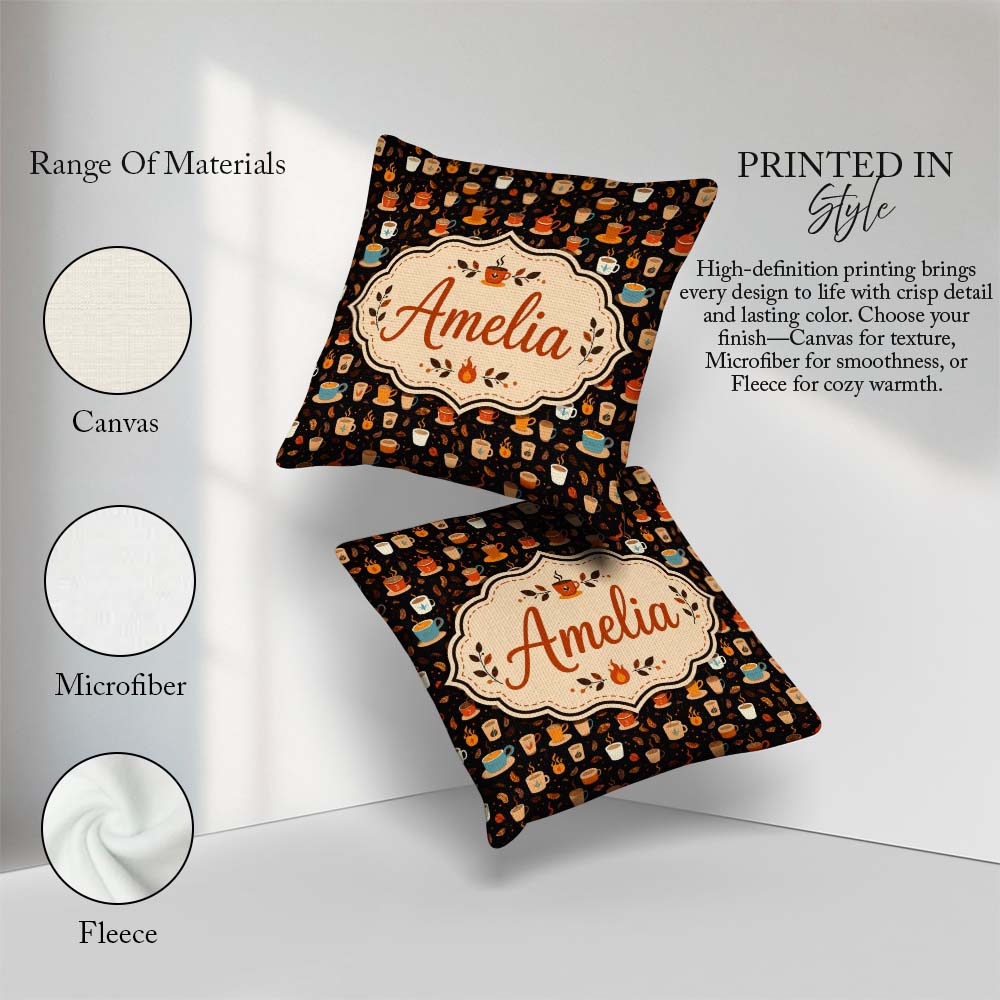 Custom Name Cups with Leaves and Steam Cozy Seamless Pattern Square Filled Cushion Throw Pillow Sofa Bed Home Decor Zip Washable UK Made