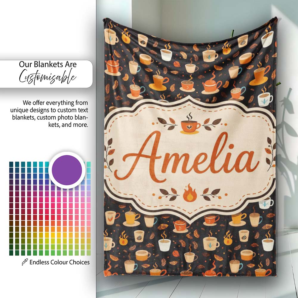 Cute Coffee Cups with Leaves and Steam Cozy Seamless Pattern Lovely  Personalised Custom Name Super Soft Fleece Blanket Bed Sofa Throw