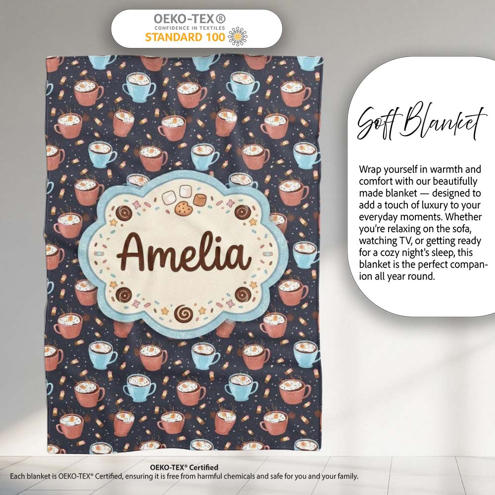 Hot Chocolate s with Marshmallows and Sprinkles Seamless Pattern  Personalised Custom Name Super Soft Fleece Blanket Bed Sofa Throw