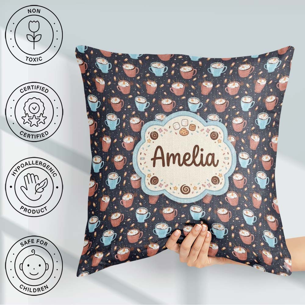 Custom Name Hot Chocolate s with and Sprinkles Seamless Pattern Square Filled Cushion Throw Pillow Sofa Bed Home Decor Zip Washable UK Made