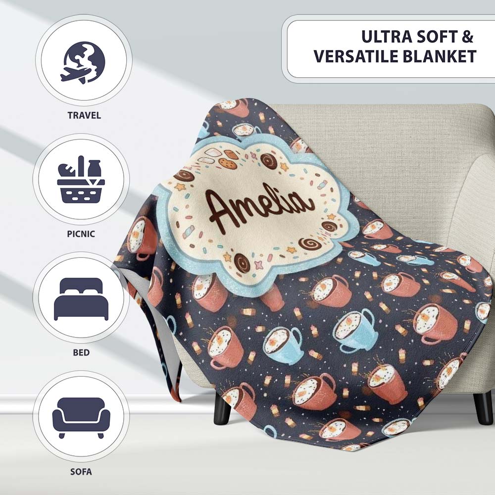 Hot Chocolate s with Marshmallows and Sprinkles Seamless Pattern  Personalised Custom Name Super Soft Fleece Blanket Bed Sofa Throw