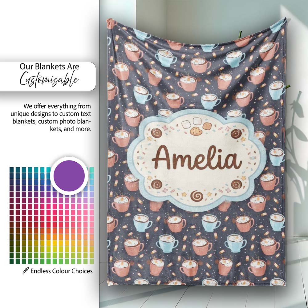 Hot Chocolate s with Marshmallows and Sprinkles Seamless Pattern  Personalised Custom Name Super Soft Fleece Blanket Bed Sofa Throw