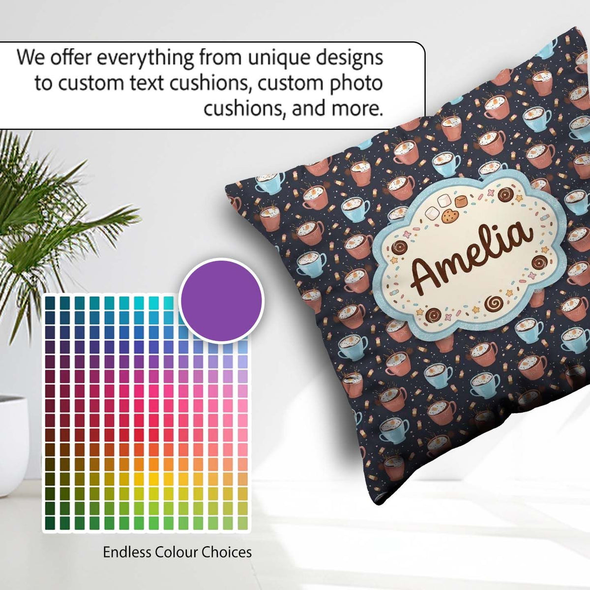 Custom Name Hot Chocolate s with and Sprinkles Seamless Pattern Square Filled Cushion Throw Pillow Sofa Bed Home Decor Zip Washable UK Made