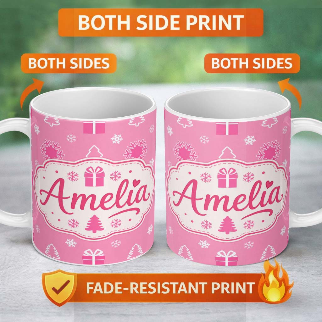 Personalized Custom Name Pink Christmas Snowflakes Trees Gift Box Seamless Pattern Lovely 11oz Ceramic Coffee Tea Mug White Large Handle