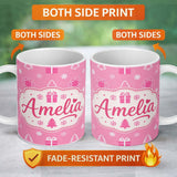Personalized Custom Name Pink Christmas Snowflakes Trees Gift Box Seamless Pattern Lovely 11oz Ceramic Coffee Tea Mug White Large Handle