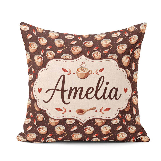 Custom Name Warm Cups with Cinnamon and Leaves Seamless Pattern Square Filled Cushion Throw Pillow Sofa Bed Home Decor Zip Washable UK Made