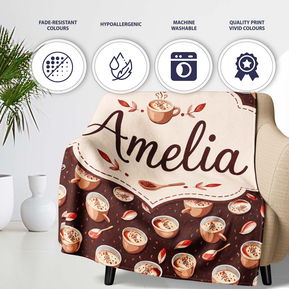 Warm Coffee Cups with Cinnamon and Leaves Seamless Pattern Lovely  Personalised Custom Name Super Soft Fleece Blanket Bed Sofa Throw