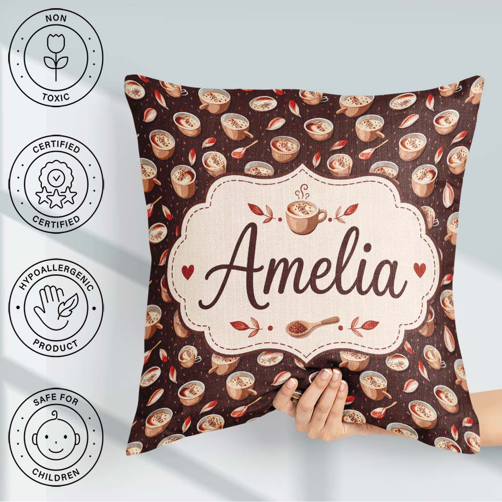 Custom Name Warm Cups with Cinnamon and Leaves Seamless Pattern Square Filled Cushion Throw Pillow Sofa Bed Home Decor Zip Washable UK Made
