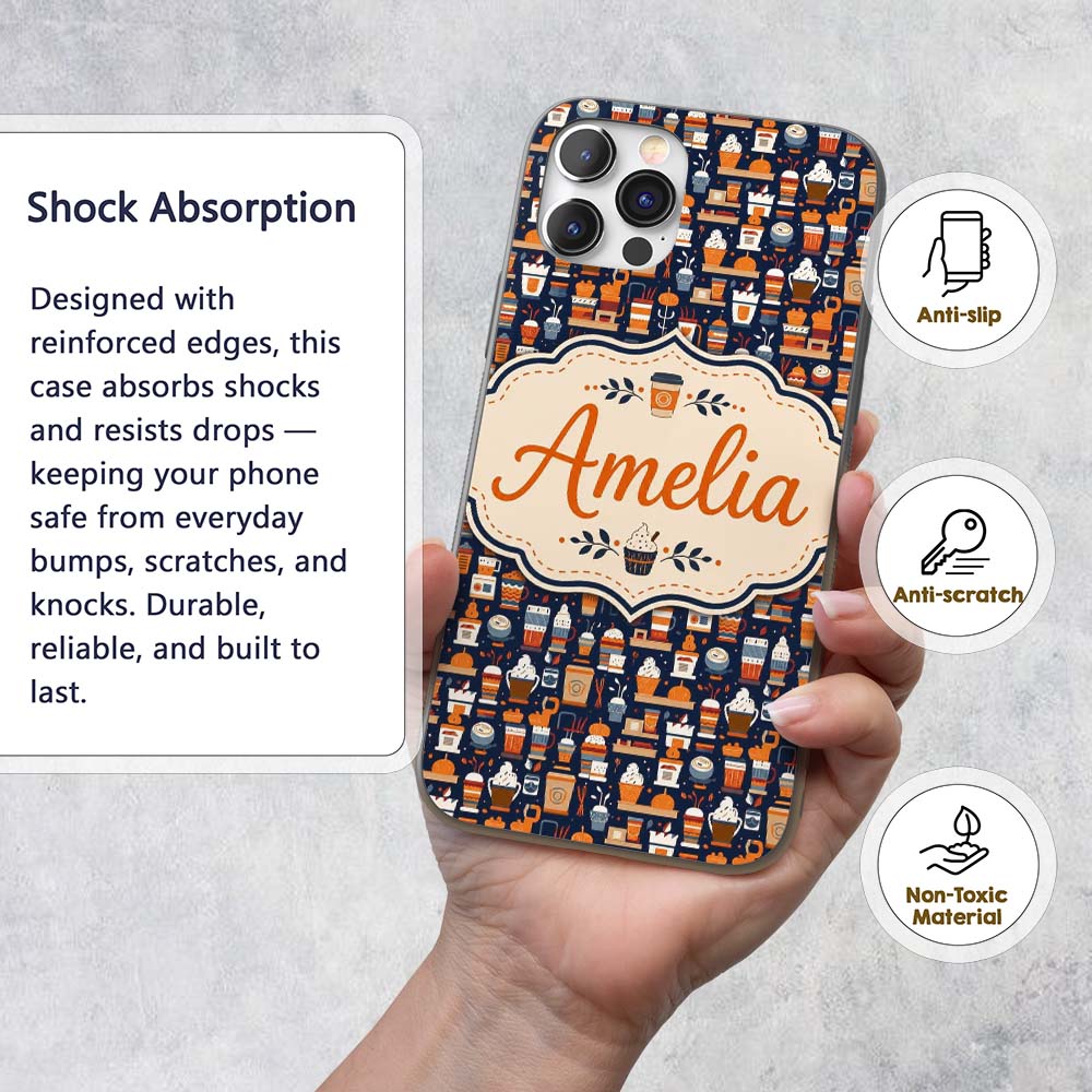 Coffee Shop Equipment Cups and Drinks Icon Style Custom Name Protective Phone Case Mobile Cover Durable Everyday Smartphone Shock Resistant