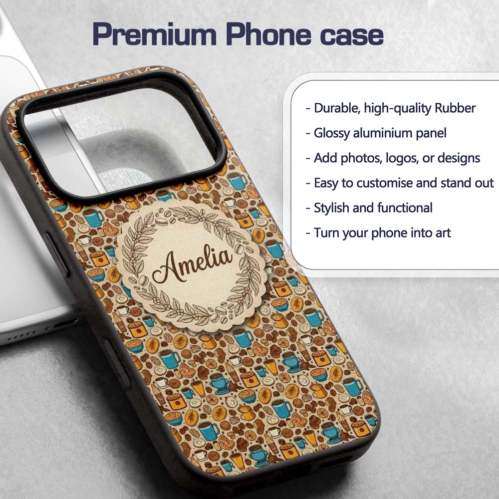 Bakery Coffee and Pastries Cozy Food Seamless Custom Name Protective Phone Case Mobile Cover Durable Everyday Smartphone Shock Resistant