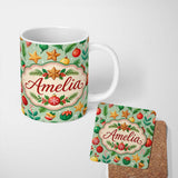 Personalized Custom Name Colorful Christmas Baubles Stars Pine Branches Festive Seamless 11oz Ceramic Coffee Tea Mug White Large Handle