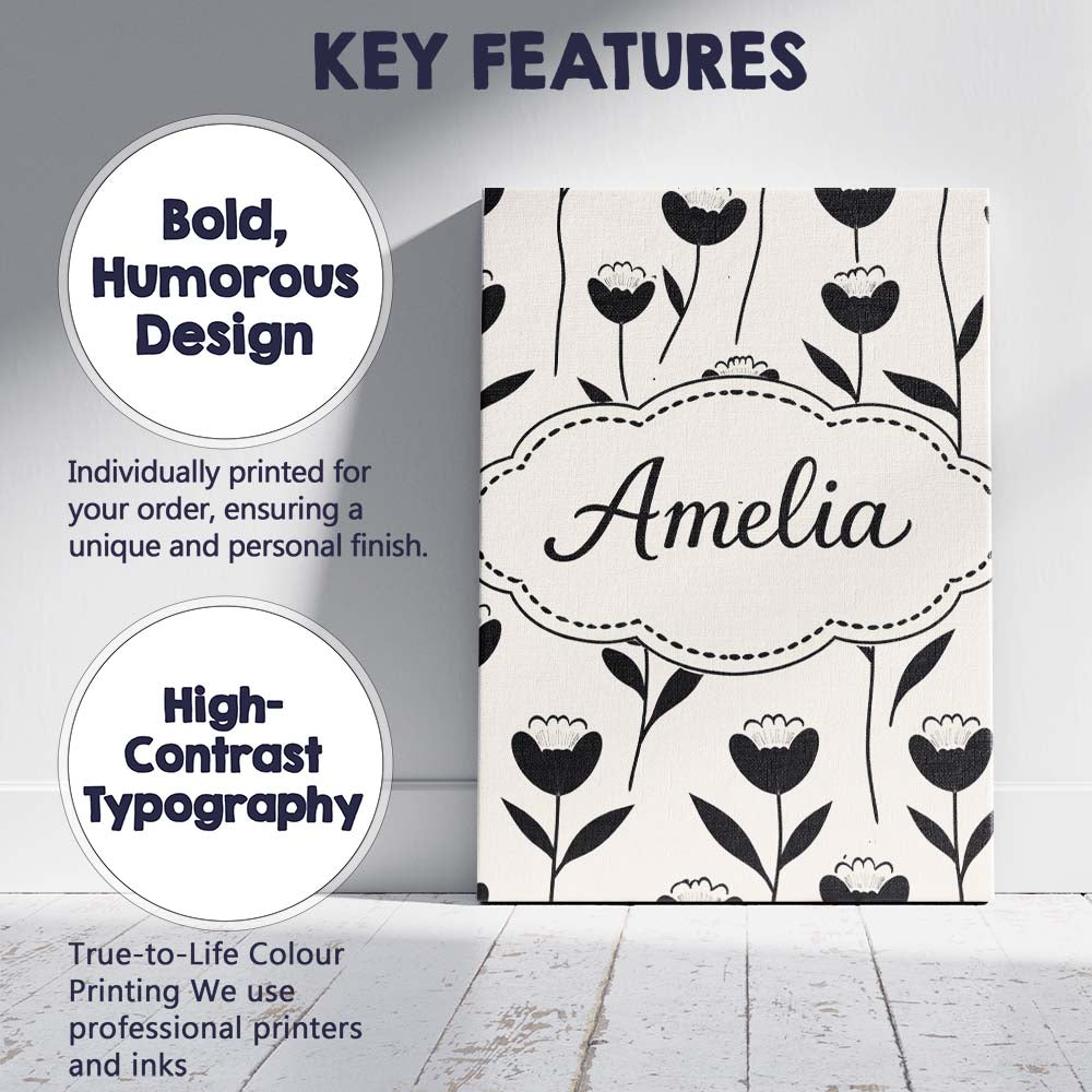 Personalised Name Scandinavian Floral Stems Black Cream Simple Custom Modern Room Accent Canvas Wall Art Print Decor Picture Ready to Hang