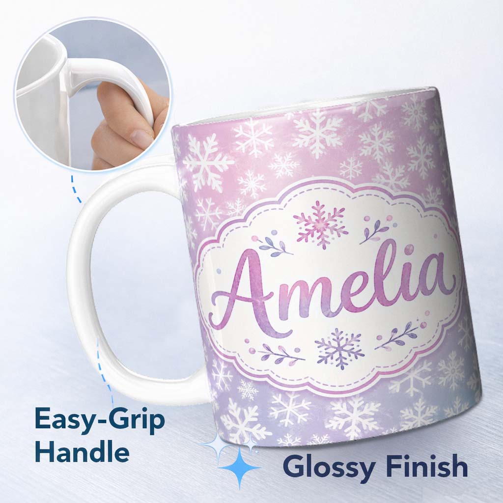 Personalized Custom Name Soft Pastel Snowflake Winter Seamless Pattern Cute Unique Gift 11oz Ceramic Coffee Tea Mug White Large Handle