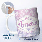 Personalized Custom Name Soft Pastel Snowflake Winter Seamless Pattern Cute Unique Gift 11oz Ceramic Coffee Tea Mug White Large Handle