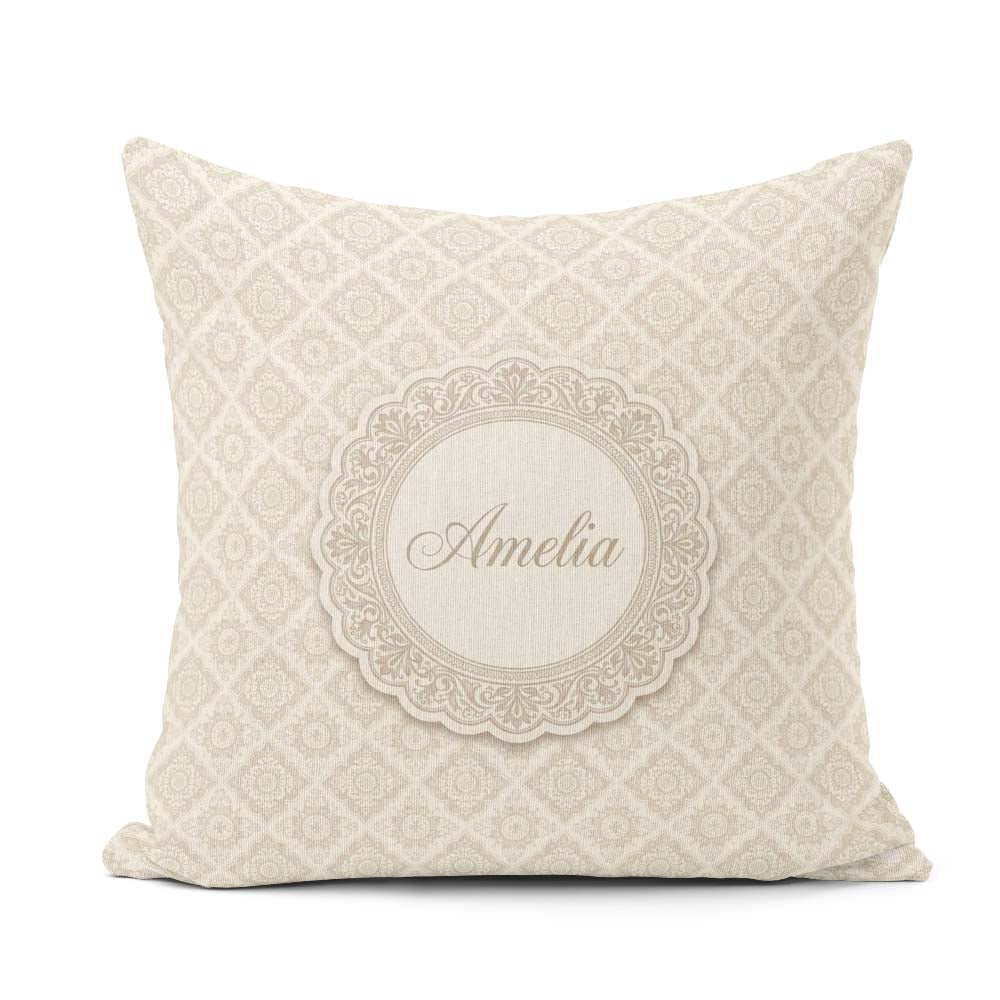 Custom Name Elegant Beige Damask Floral Classic Seamless Pattern Square Filled Cushion Throw Pillow Sofa Bed Home Decor Zip Washable UK Made