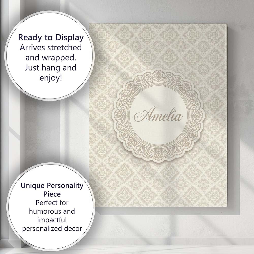 Personalised Name Elegant Beige Damask Custom  Unique Gift Idea Modern Room Accent Canvas Wall Art Print Decor Picture Ready to Hang