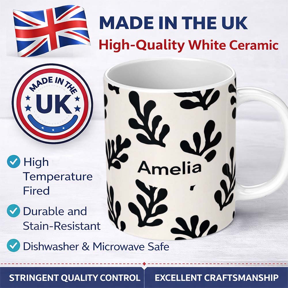 Personalized Custom Name Topographic Contour Lines Black Cream Abstract Landscape Pattern 11oz Ceramic Coffee Tea Mug White Large Handle