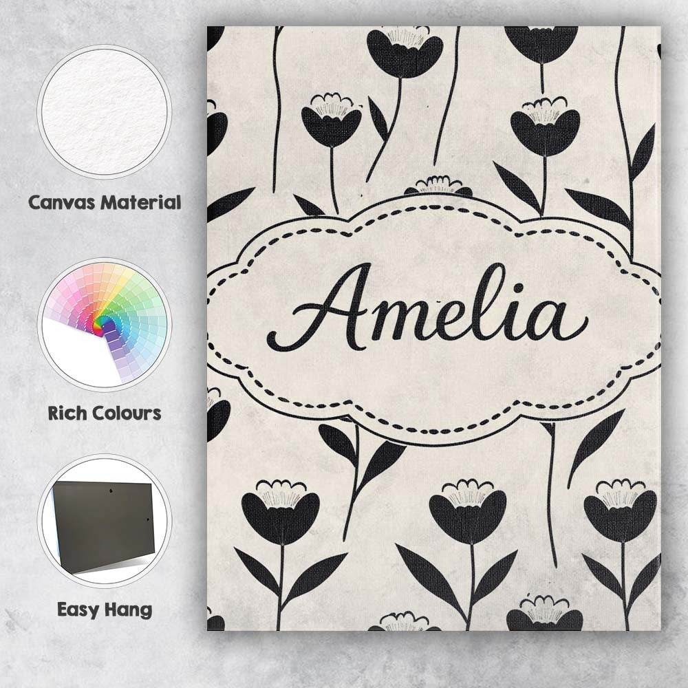 Personalised Name Scandinavian Floral Stems Black Cream Simple Custom Modern Room Accent Canvas Wall Art Print Decor Picture Ready to Hang