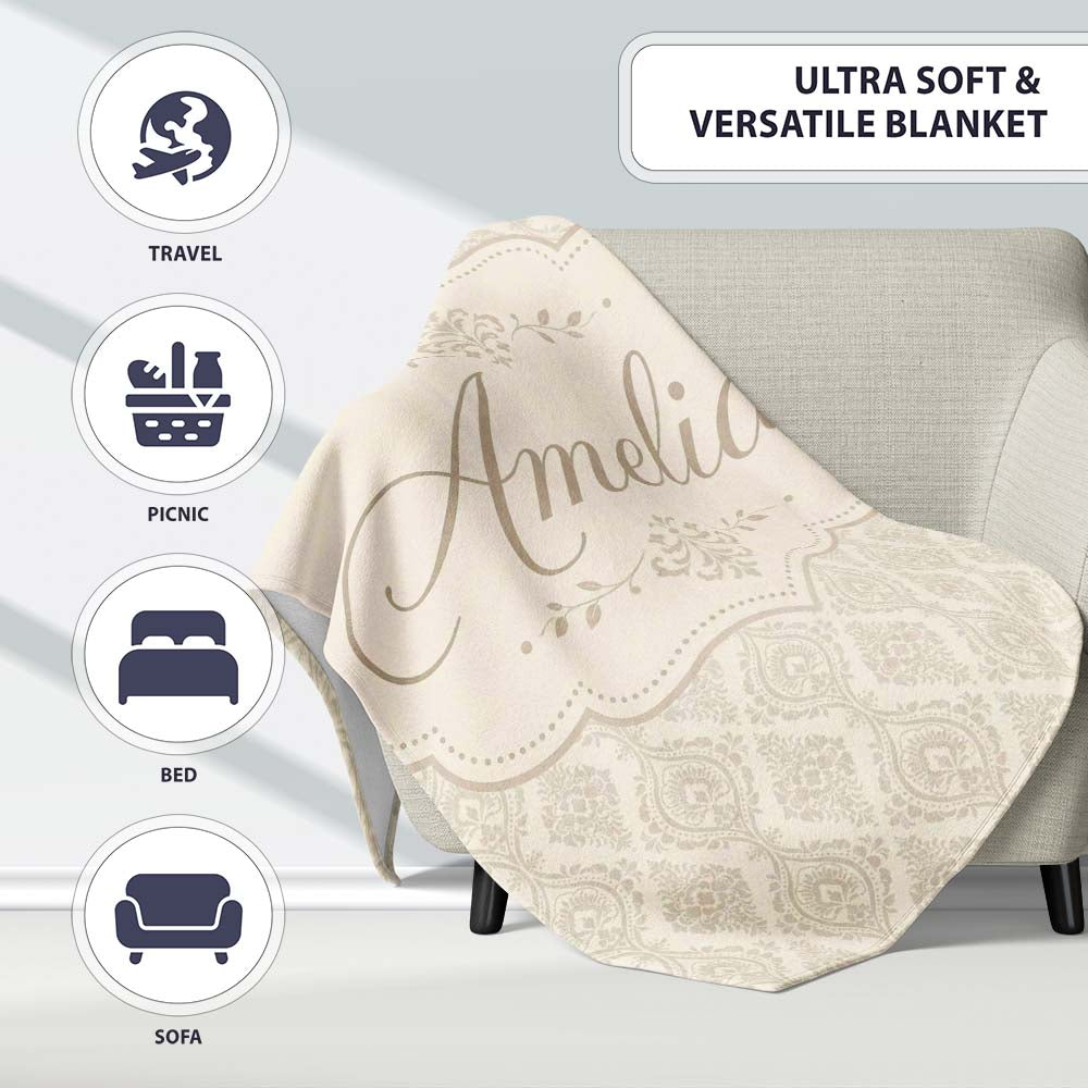 Classic Ornamental Teardrop Damask Beige Seamless Pattern Lovely  Personalised Custom Name Super Soft Fleece Blanket Bed Sofa Throw