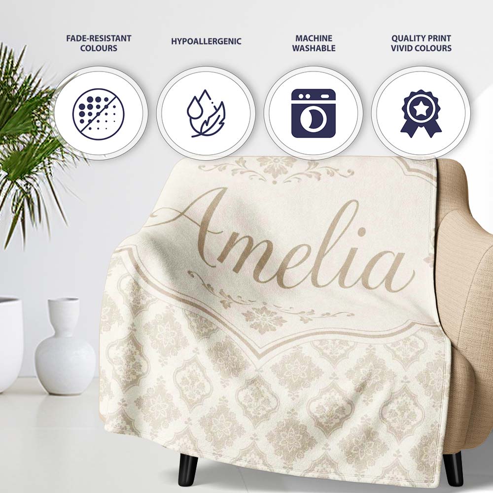 Vintage Inspired Floral Scroll Neutral Seamless Pattern Lovely  Personalised Custom Name Super Soft Fleece Blanket Bed Sofa Throw